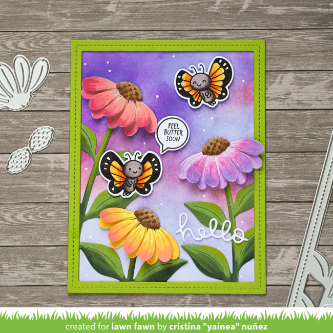 Card with large flowers and dusk background with butterflies and sentiment 'feel better soon'