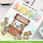 Card with lemonade stand illustration and 'summer' text, created for Lawn Fawn by Mindy Eggen.