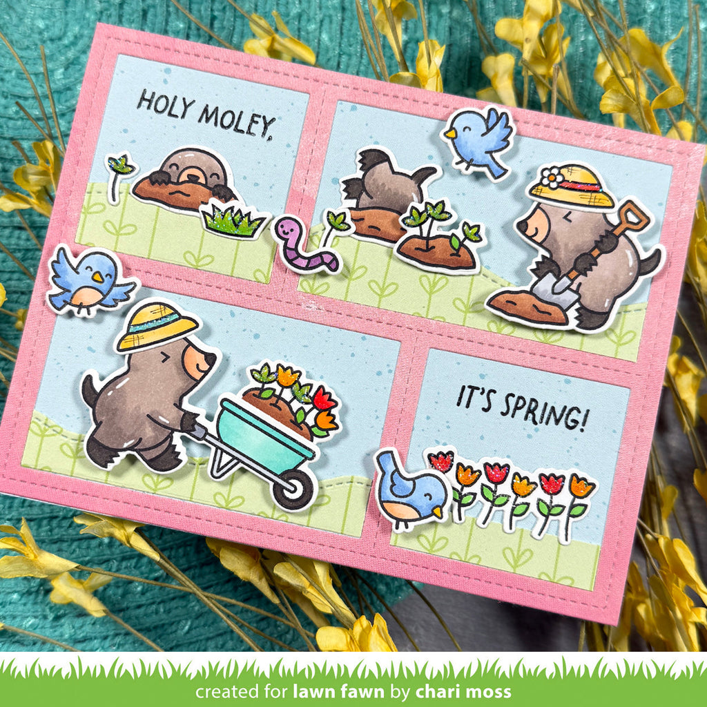 Card with moles and birds on a pink border, featuring text 'Holy Moley' and 'It's Spring!'.