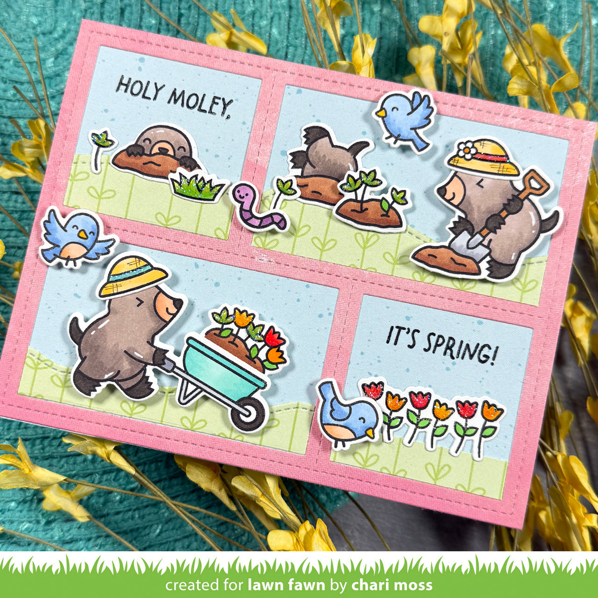 Card with moles and birds on a pink border, featuring text 'Holy Moley' and 'It's Spring!'.