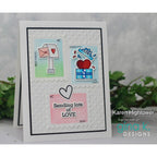 Card with postage stamp designs and 'Sending lots of love' text, featuring Karen Hightower and Gina K Designs branding.