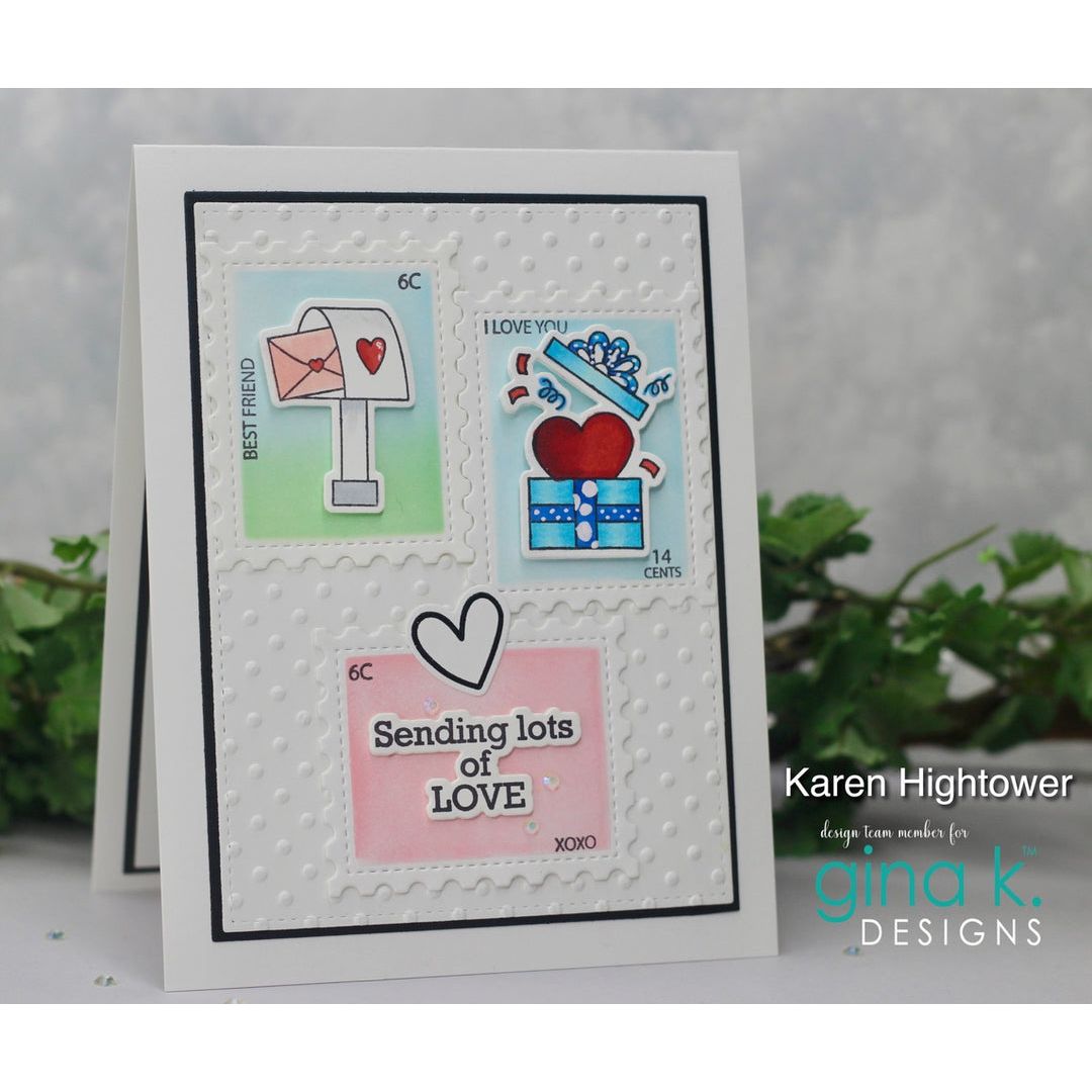 Card with postage stamp designs and 'Sending lots of love' text, featuring Karen Hightower and Gina K Designs branding.