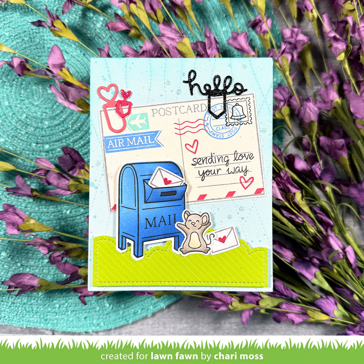 Card with postal-themed design featuring a mailbox and mouse