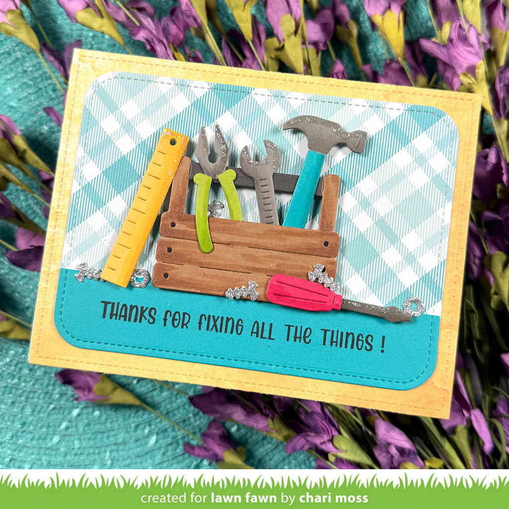 Card with tools and text 'Thanks for fixing all the things!' on a checkered background, surrounded by flowers.