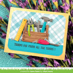 Card with tools and text 'Thanks for fixing all the things!' on a checkered background, surrounded by flowers.