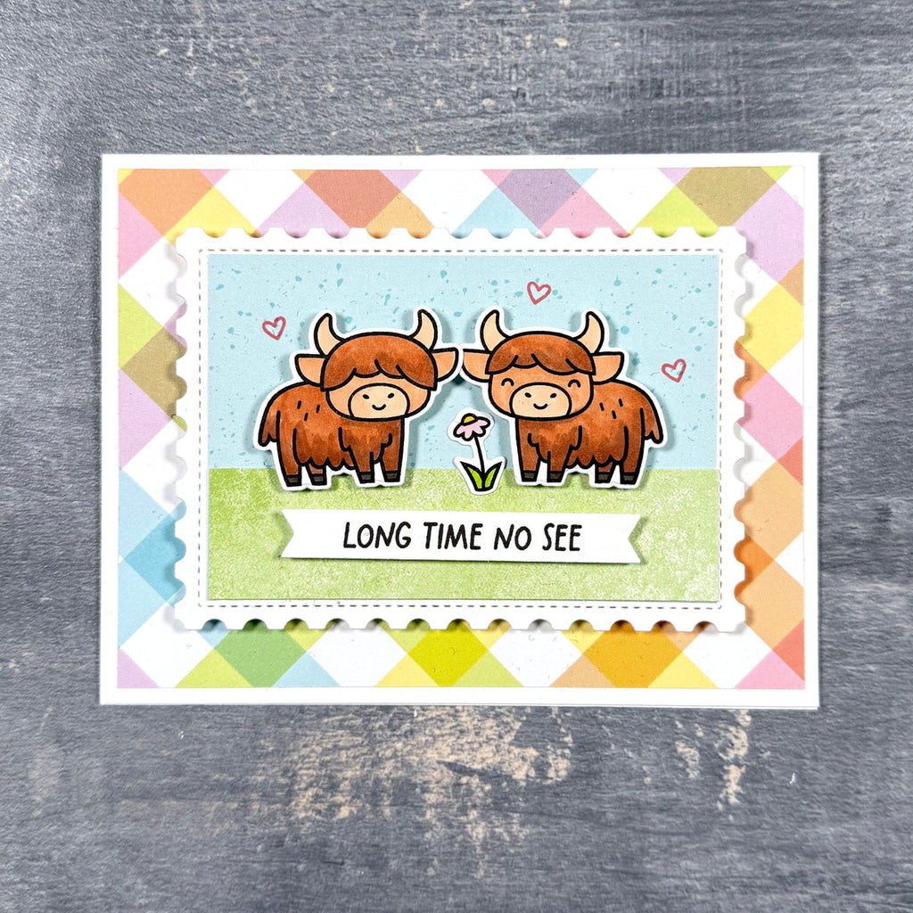 Card with two highland cows and 'Long Time No See' text on a colorful geometric patterned background.