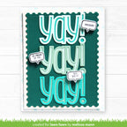 Card with 'yay!' text and speech bubbles on a teal background
