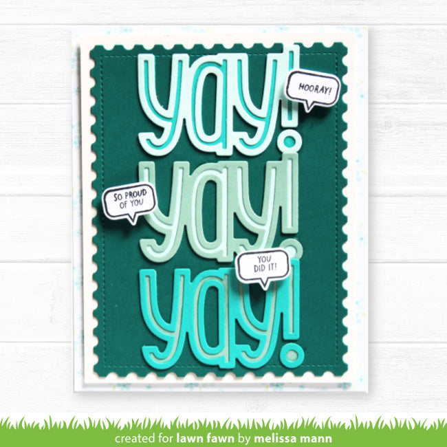 Card with 'yay!' text and speech bubbles on a teal background