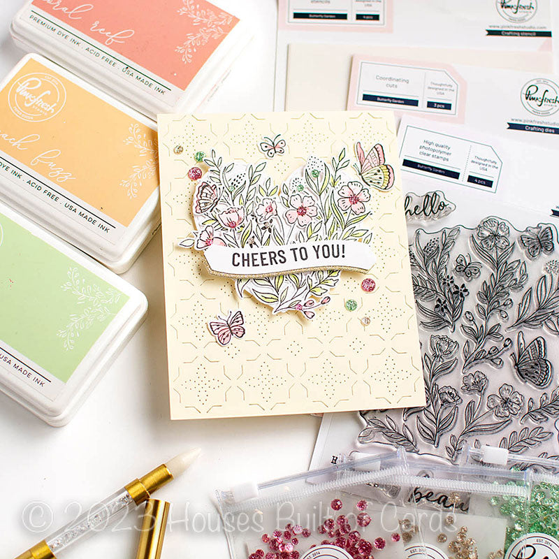 PinkFresh Studio Butterfly Garden Stencil Set 154122 Cheers To You Card | color-code:ALT03