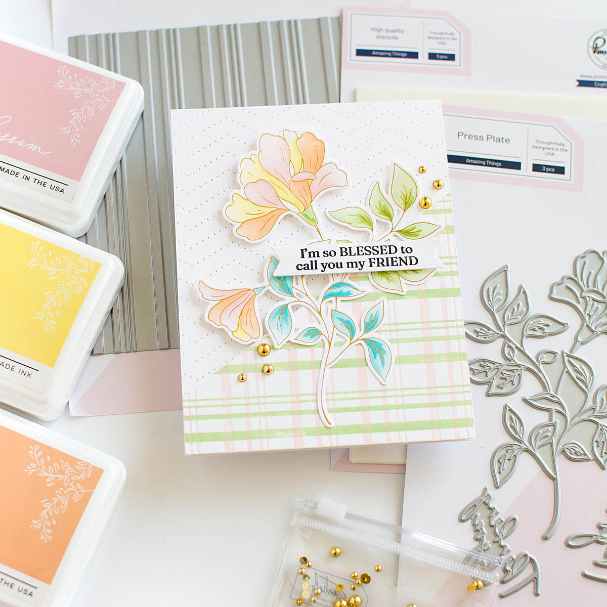 Pinkfresh Studio Plaid Press Plates 245024 floral plaid card | color-code:ALT02