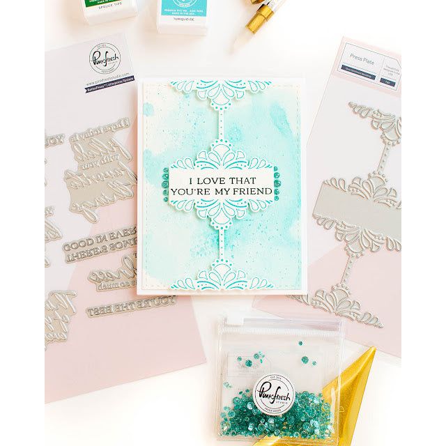 Pinkfresh Studio Deco Sentiment Backdrop Press Plate 216523 Ornate Friendship Card | color-code:ALT01