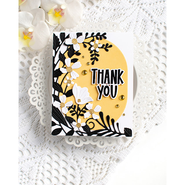 Simon Says Stamp Leafdance Flowers and Frame Wafer Dies s1129 Every Happiness Heather Hoffman Butter, Black and White Thank You Card | color-code:ALT13