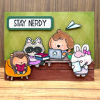 Cartoon animals studying with a laptop and books, on a green background with 'Stay Nerdy' text.