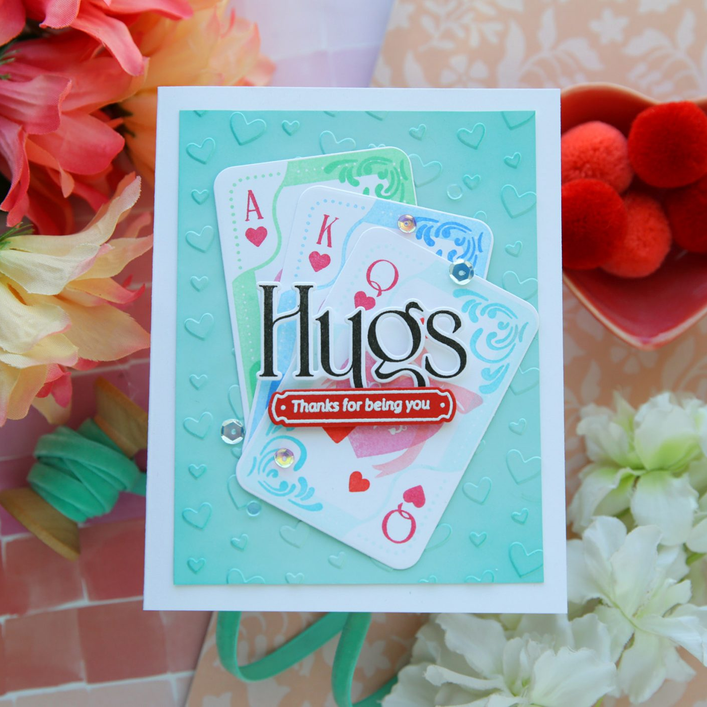 Rainbow Splash Embossing Folder Cascading Hearts rsef5 Hugs Card | color-code:ALT02