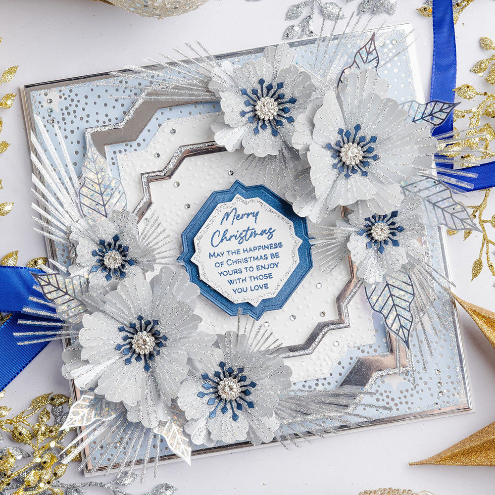Chloe's Creative Cards 8x8 Gilded Squares 4 Dies c-mdie-gs4 silver and blue flowers merry christmas card