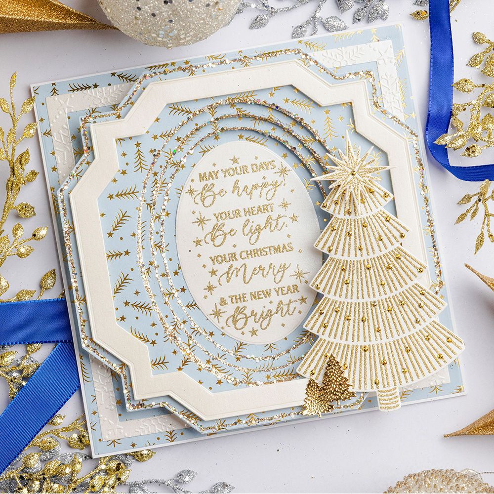 Chloe's Creative Cards 8x8 Gilded Squares 4 Dies c-mdie-gs4 snowflake trim gold and white tree christmas card