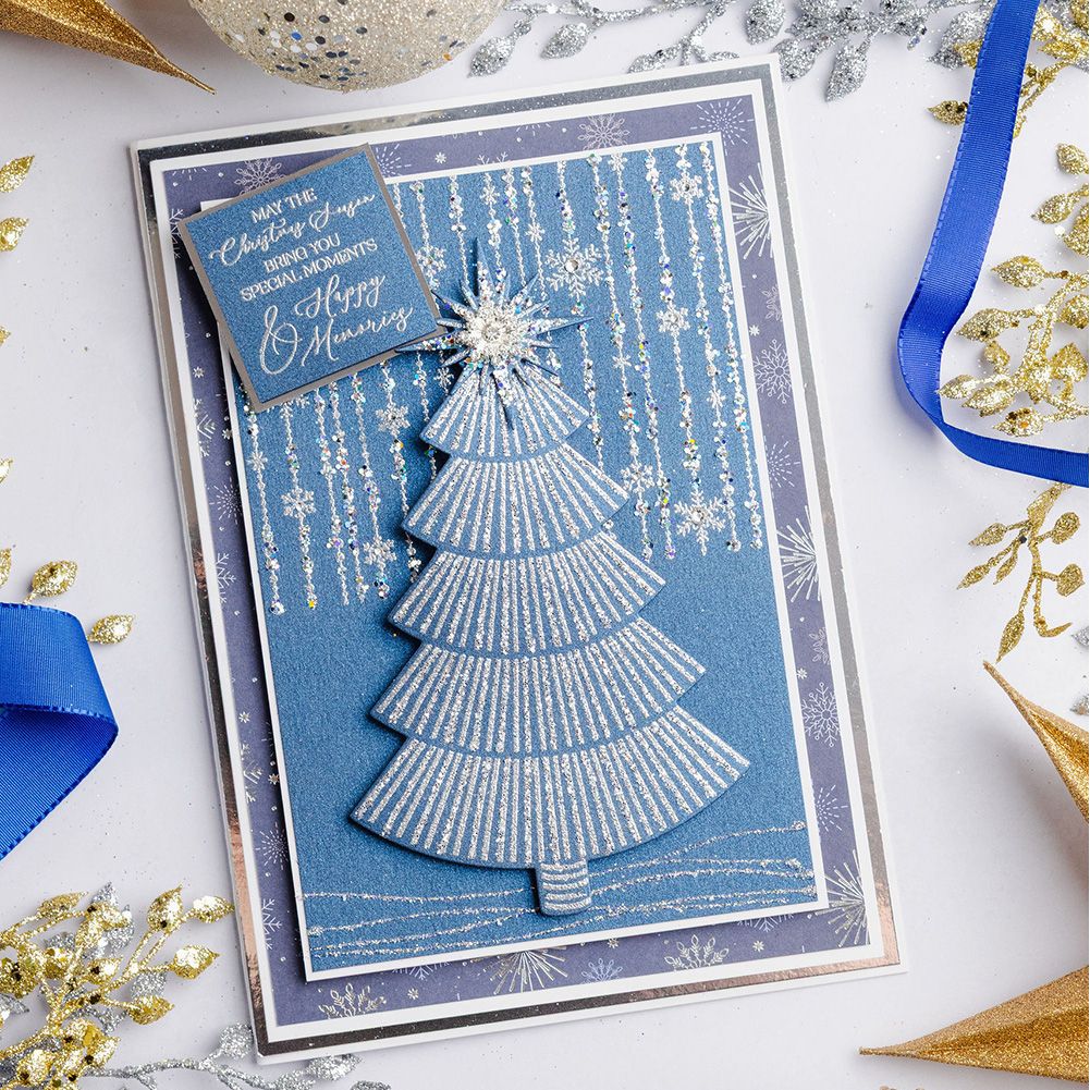 Chloe's Creative Cards Beaded Snowflake Background Clear Stamp Set c-stam-bsnowb blue silver sparkle tree hanging snowflakes merry christmas card