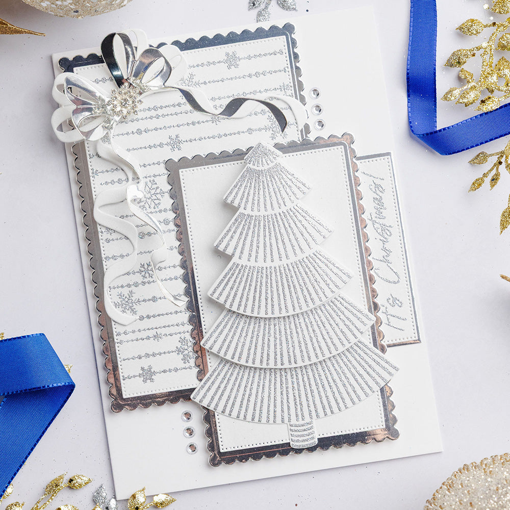 Chloe's Creative Cards Beaded Snowflake Background Clear Stamp Set c-stam-bsnowb silver stripped tree silver bow silver trim it's christmas card