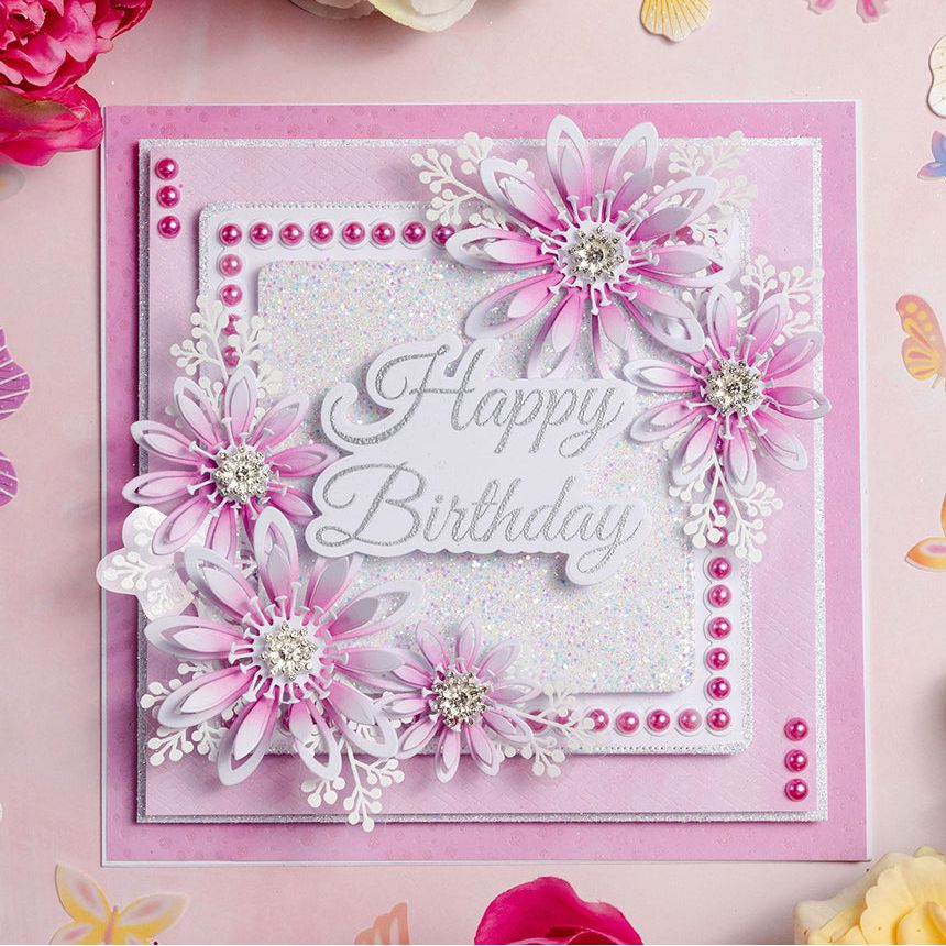 Chloe's Creative Cards Blossoming Flower Dies c-mdie-blofl pink flowers pink background pink pearls birthday card