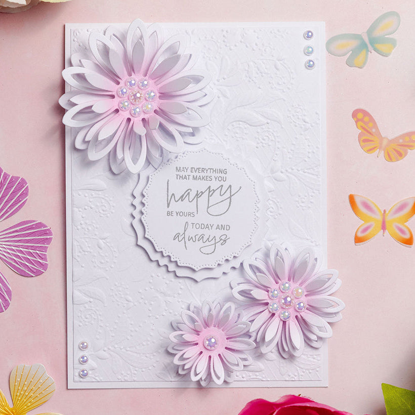 Chloe's Creative Cards Blossoming Flower Dies c-mdie-blofl pink white flowers floral background card