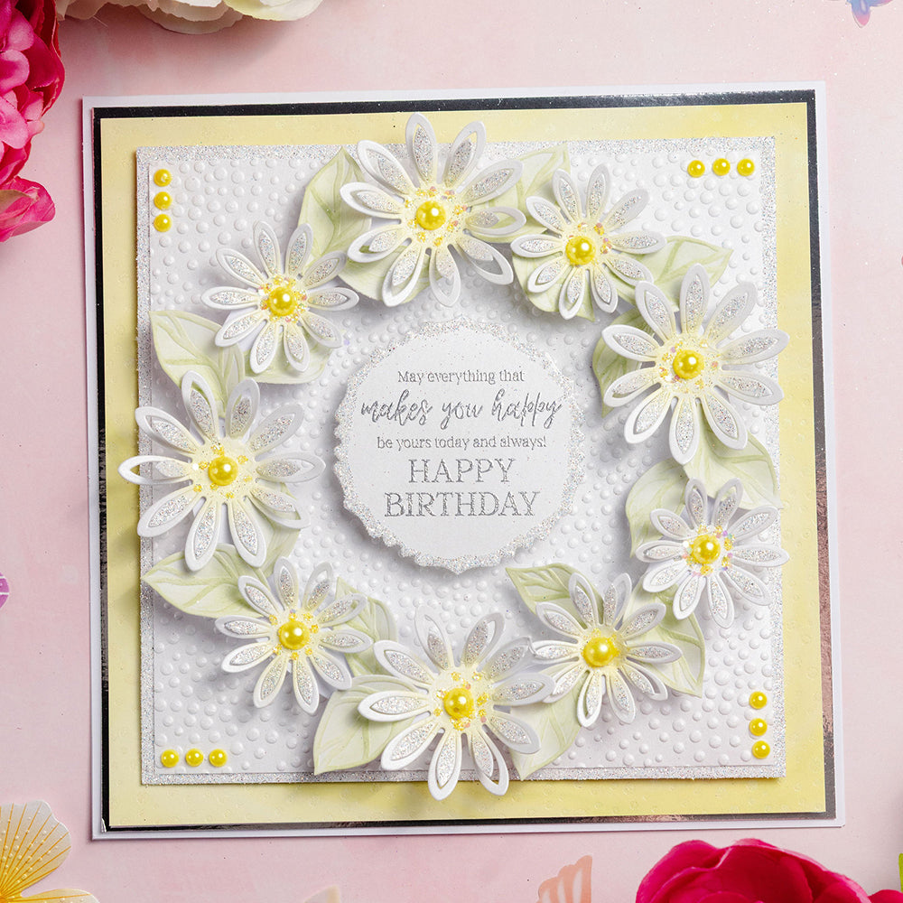 Chloe's Creative Cards Blossoming Flower Dies c-mdie-blofl white sparkle flower dots background yellow pearls card
