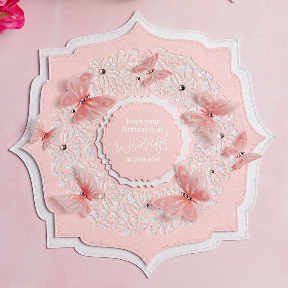 Chloe's Creative Cards Butterfly Embellishments Dies c-mdie-bemb flower lace background pink butterflies card