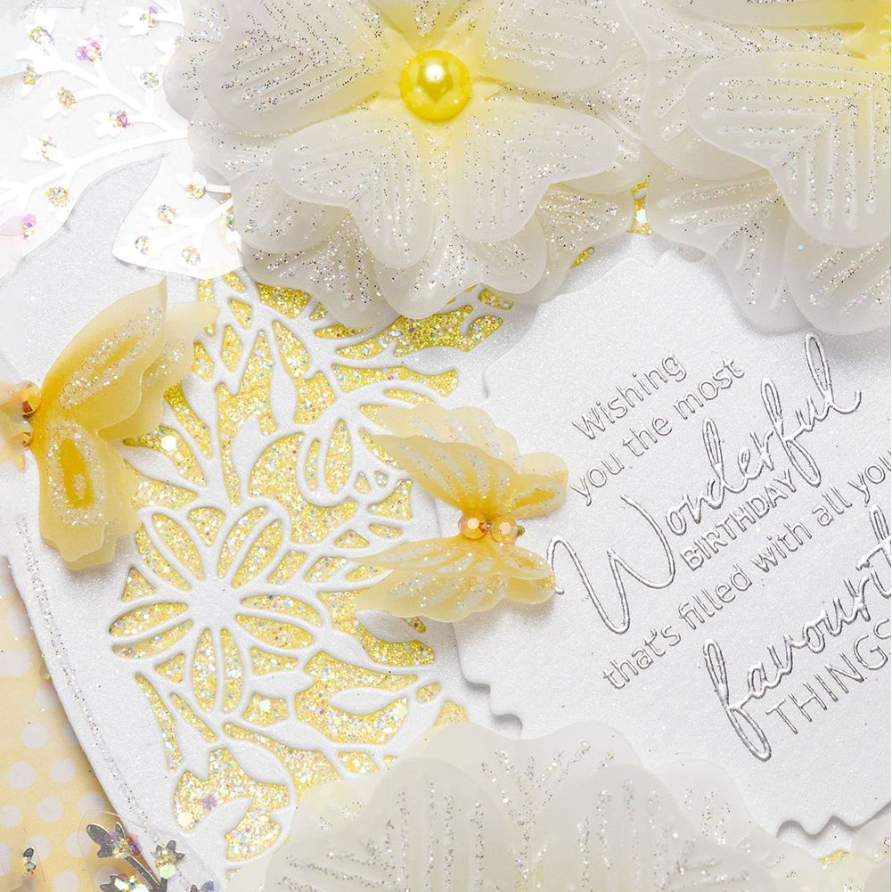 Chloe's Creative Cards Butterfly Embellishments Dies c-mdie-bemb yellow butterfly flower lace background card