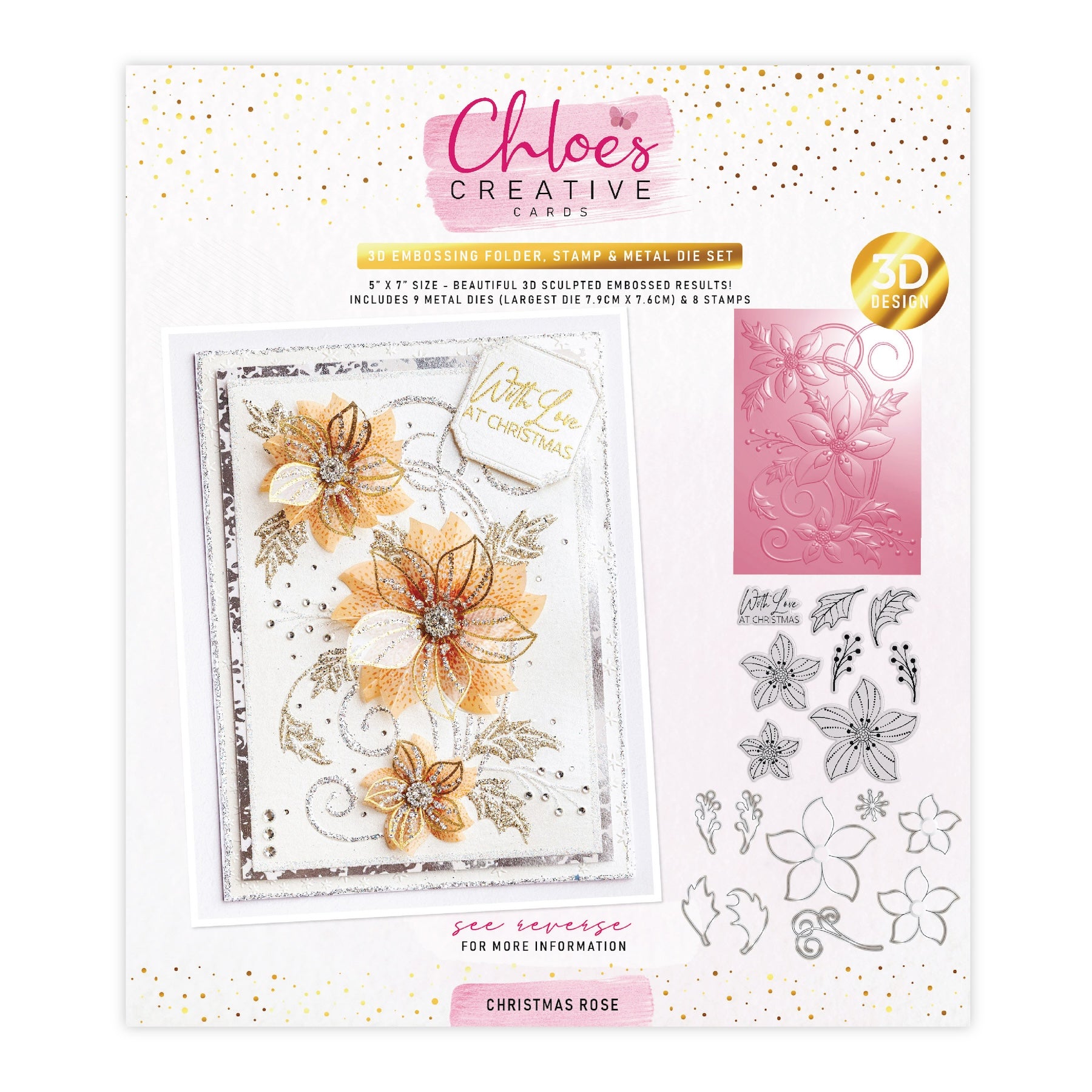 Chloe's Creative Cards Christmas Rose 3D Embossing Folder, Die and Stamp Set c-3dembdiest-cr poinsettia