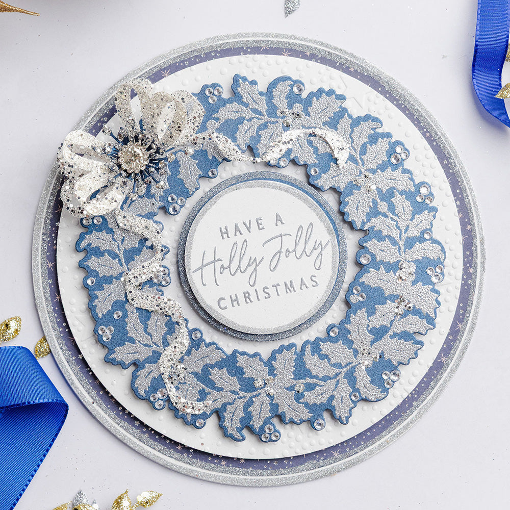 Chloe's Creative Cards Corner Ribbon Bow Die c-mdie-corb blue and silver wreath holly jolly christmas card
