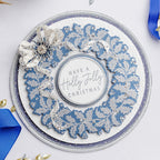 Chloe's Creative Cards Corner Ribbon Bow Die c-mdie-corb blue and silver wreath holly jolly christmas card