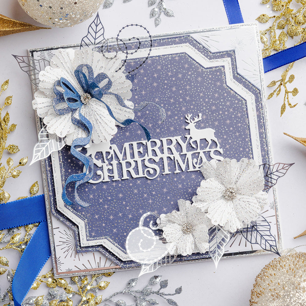 Chloe's Creative Cards Corner Ribbon Bow Die c-mdie-corb white sparkle flowers star background merry christmas card