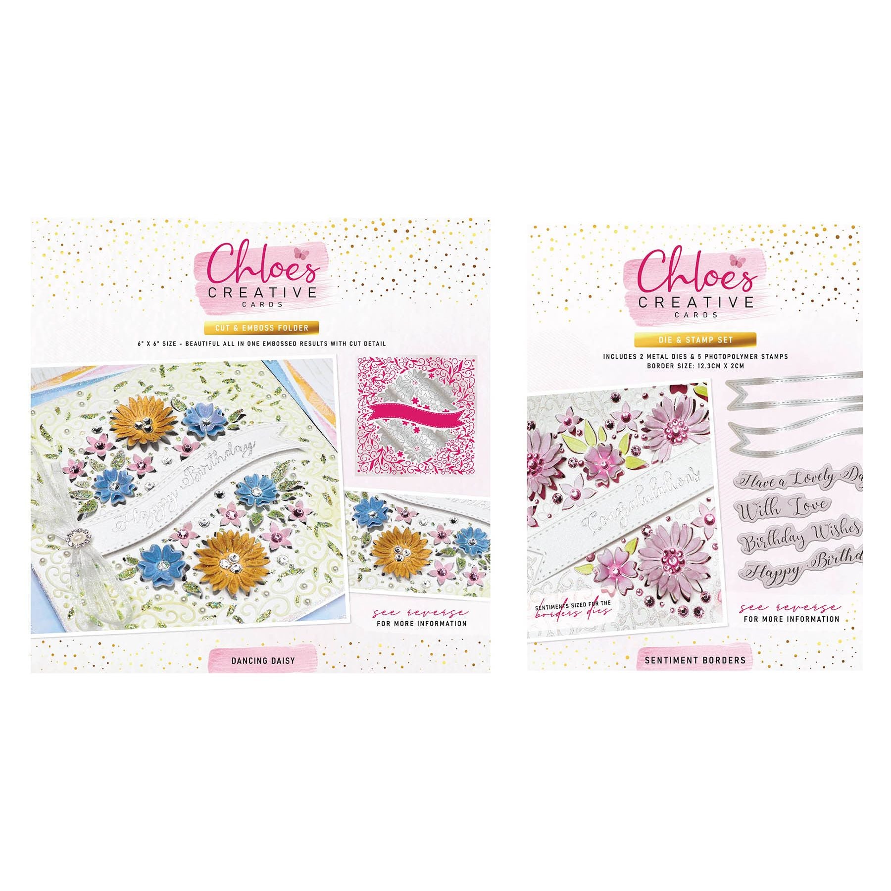 Chloe's Creative Cards Dancing Daisy Sentiments Dies, Stamps and Cut and Emboss Folder Bundle
