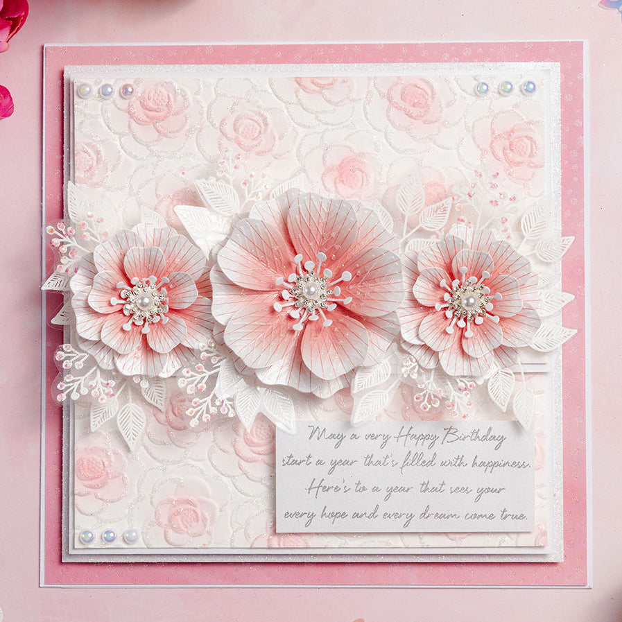 Chloe's Creative Cards Exquisite Flower 5x7 Cut and Emboss Folder c-cemb-exqfl pink white flowers floral background birthday card