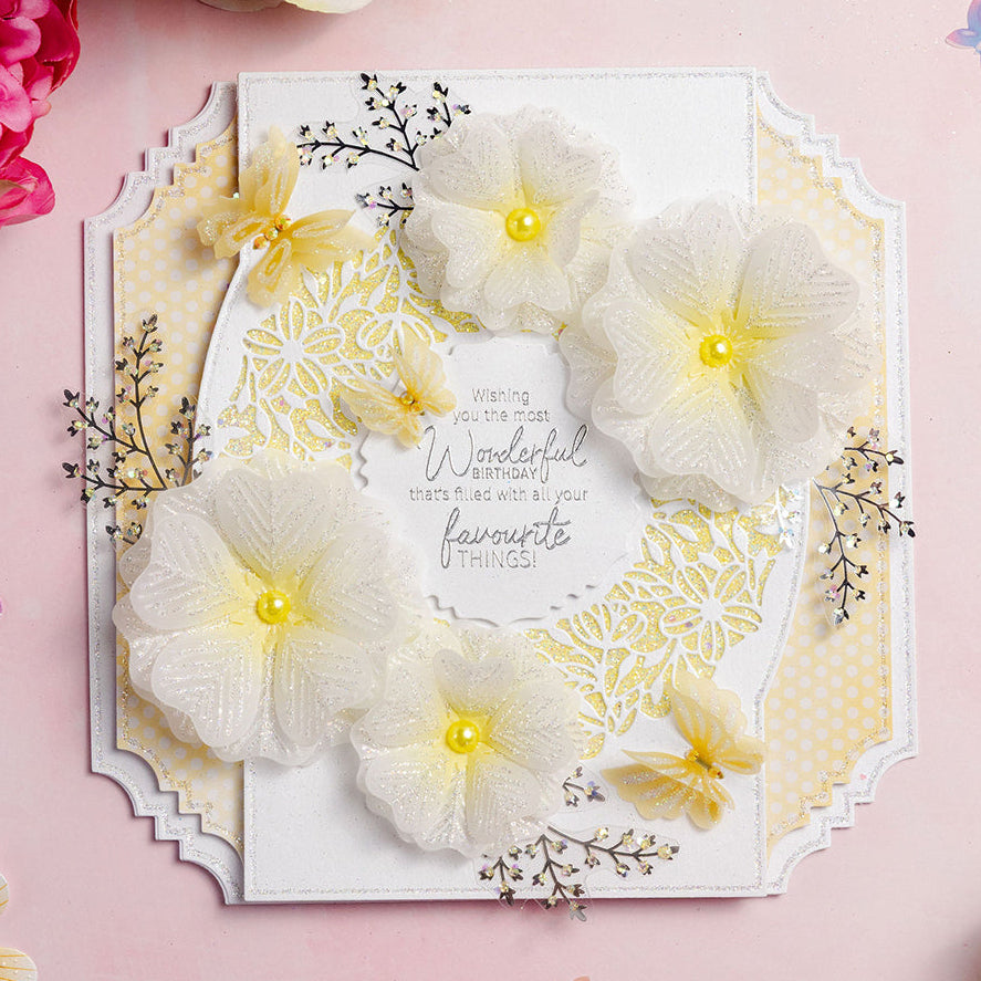 Chloe's Creative Cards Exquisite Flower 5x7 Cut and Emboss Folder c-cemb-exqfl yellow pearls butterflies polkadot background card