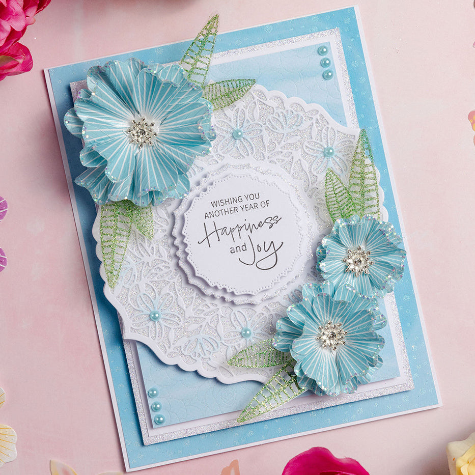 Chloe's Creative Cards Exquisite Flower Clear Stamp Set c-stam-exqf blue white striped flowers blue pearls happiness and joy card