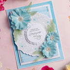 Chloe's Creative Cards Exquisite Flower Stamp and Cut and Emboss Folder Bundle blue background floral lace sparkles blue striped flowers card