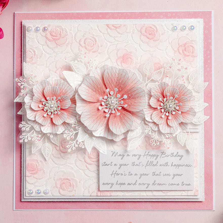 Chloe's Creative Cards Exquisite Flower Stamp and Cut and Emboss Folder Bundle pink white flowers floral background birthday card
