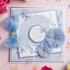 Chloe's Creative Cards Exquisite Lace Circle Dies c-mdie-exqc blue bow white floral background blue sparkle flowers card