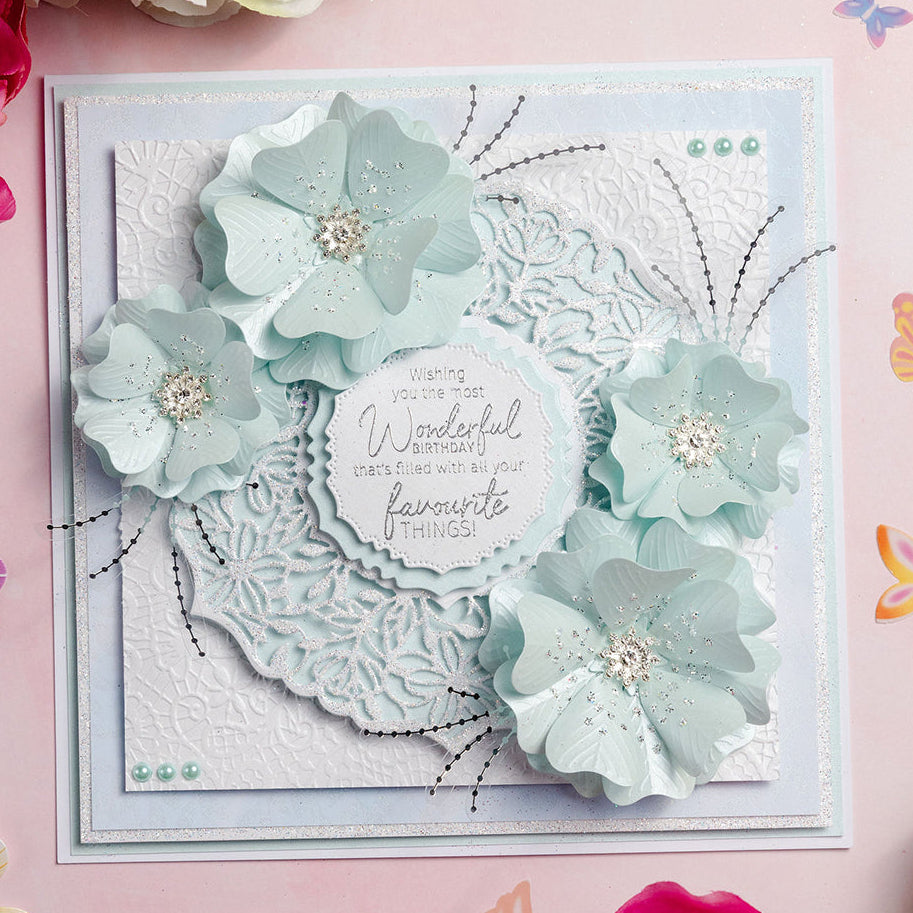 Chloe's Creative Cards Exquisite Lace Circle Dies c-mdie-exqc blue pearls blue flowers floral lace background birthday card