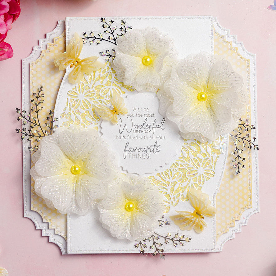 Chloe's Creative Cards Exquisite Lace Circle Dies c-mdie-exqc yellow flowers pearls butterflies polkadot background card