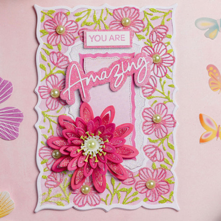 Chloe's Creative Cards Exquisite Lace Rectangle Dies c-mdie-exqr pink green flower pearls floral lace background you are amazing cardgreen