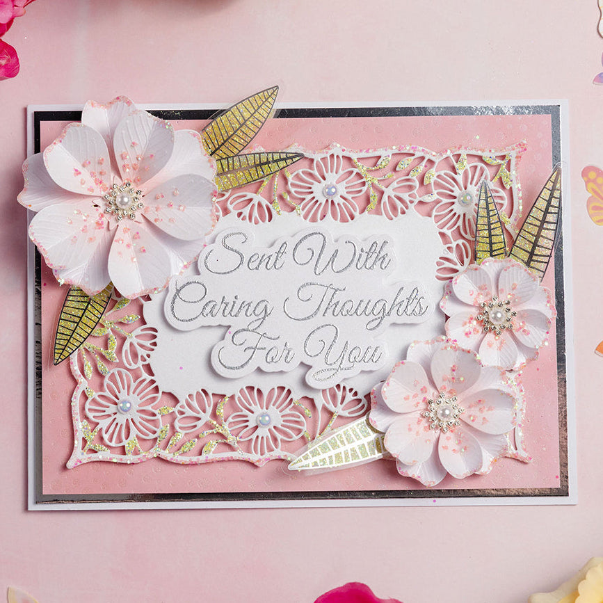 Chloe's Creative Cards Exquisite Lace Rectangle Dies c-mdie-exqr sparkle pink flowers leaves floral lace background card