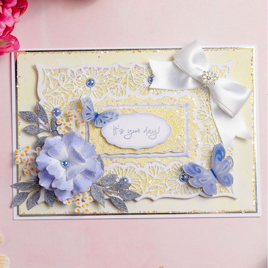 Chloe's Creative Cards Exquisite Lace Rectangle Dies c-mdie-exqr white bow blue flowers blue butterflies it's your day card