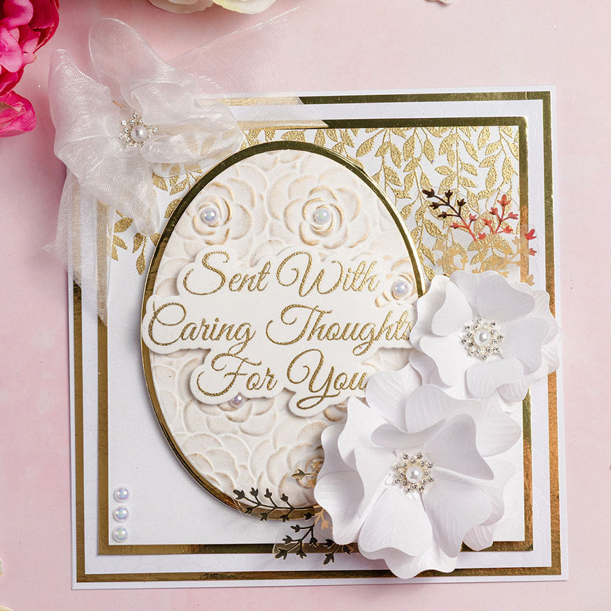 Chloe's Creative Cards Falling Leaves Clear Stamp c-stam-falll white flowers gold leaf background pearls