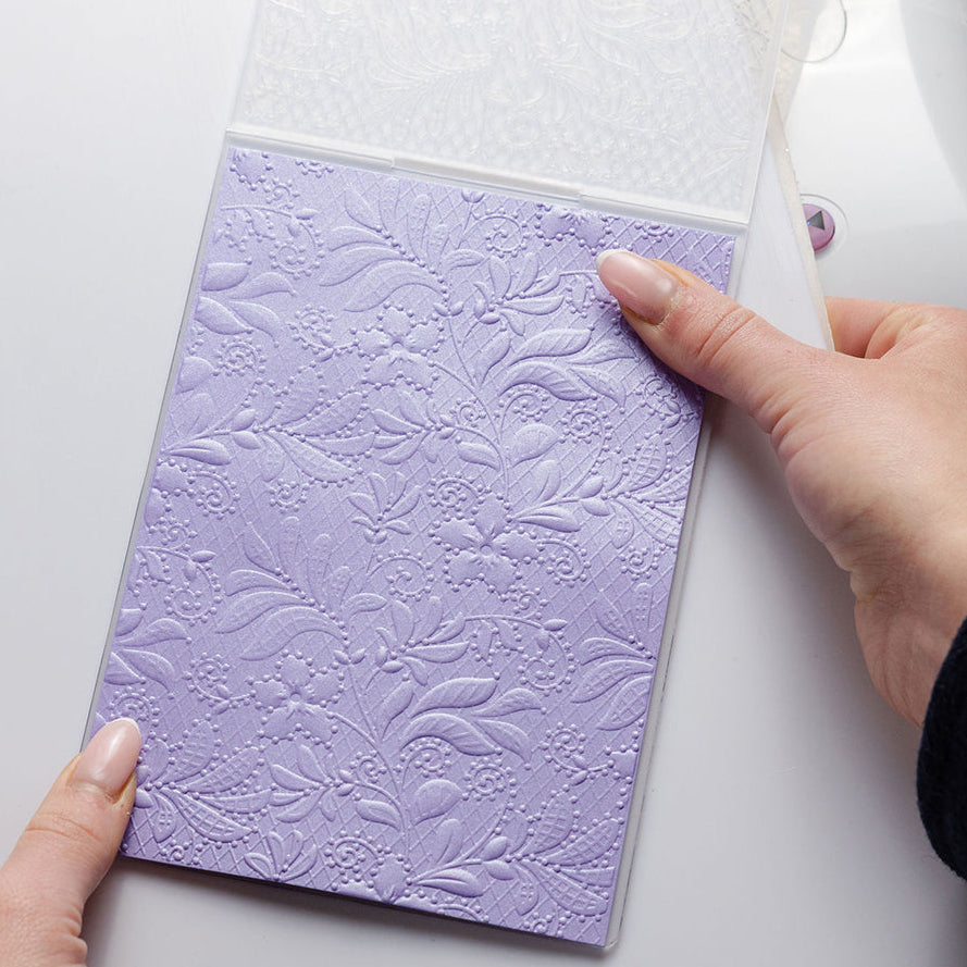 Chloe's Creative Cards Floral Lace 3D Embossing Folder c-3demb-florl purple lace background