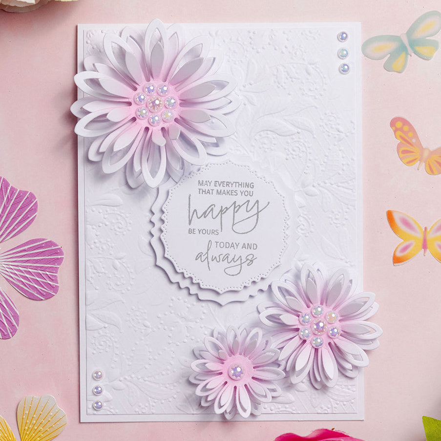 Chloe's Creative Cards Floral Lace 3D Embossing Folder c-3demb-florl white flowers pearls be happy card