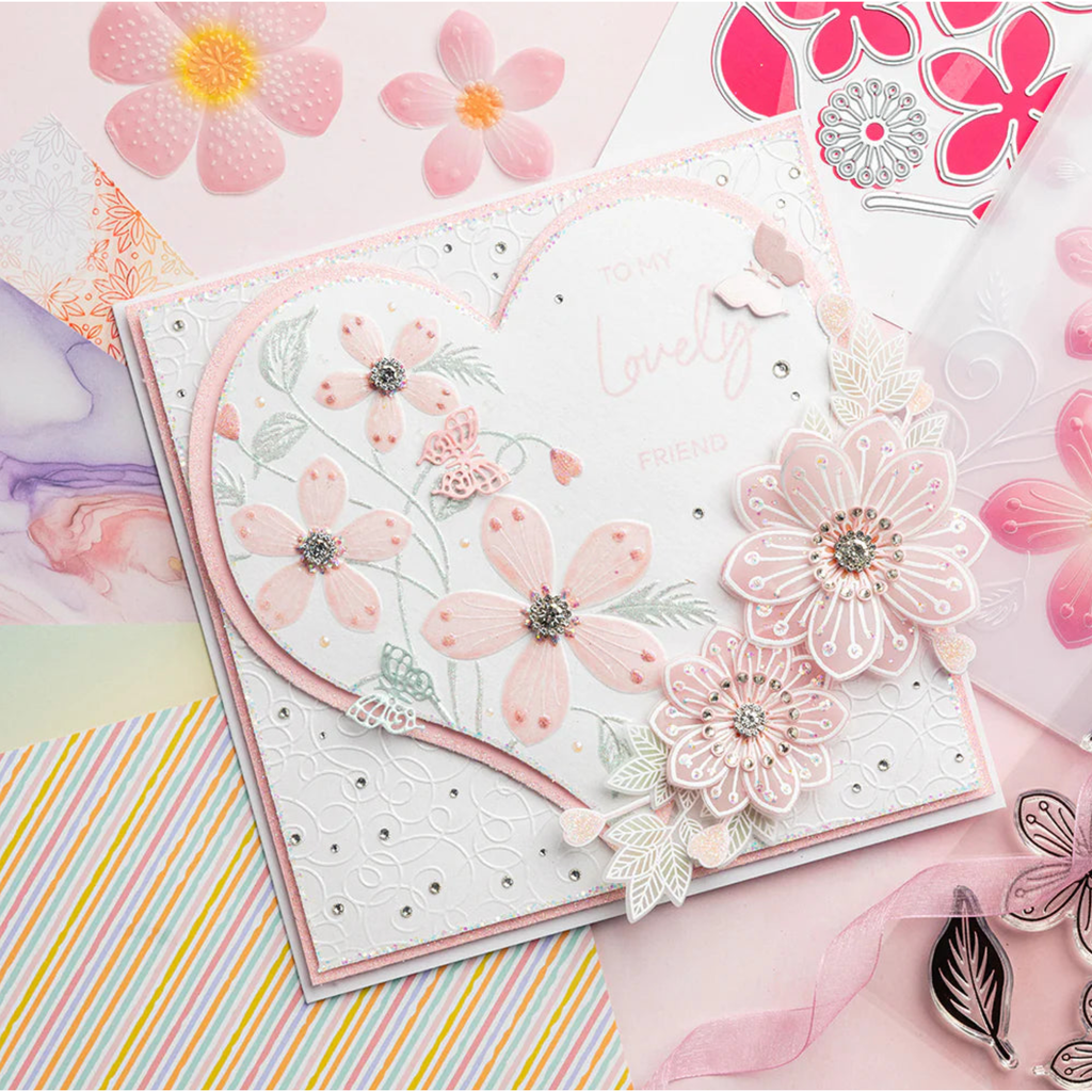 Chloe’s Creative Cards Flower Swirl Folder, Stamp, Die and Vellum Bundle heart