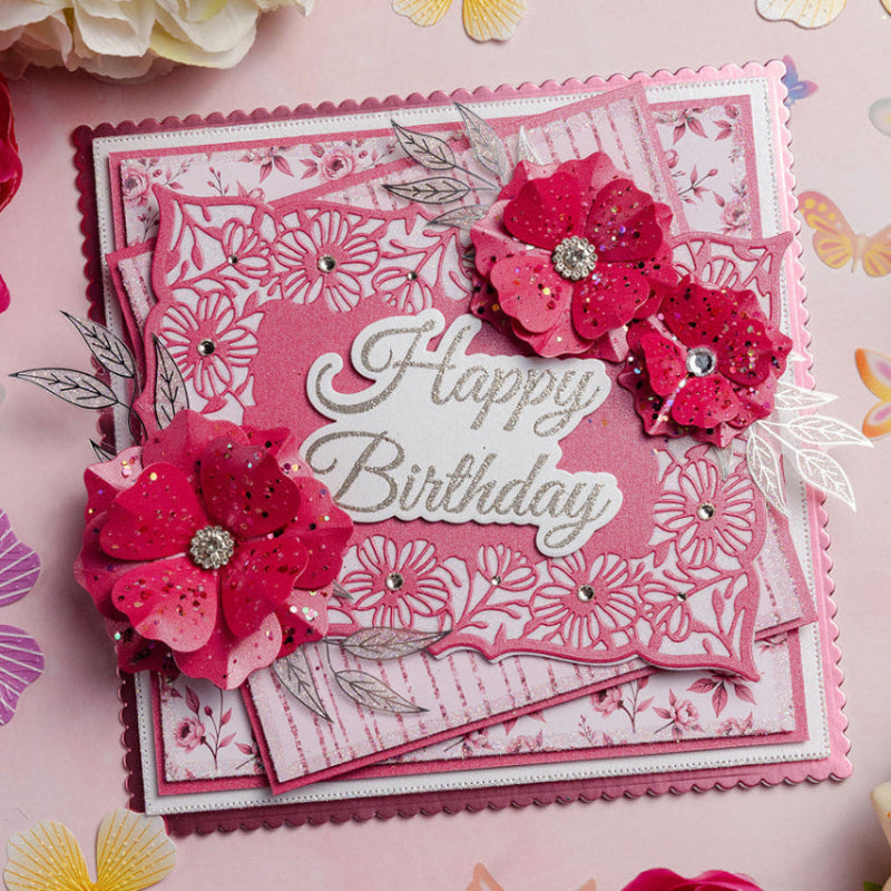 Chloe's Creative Cards Majestic Flower 5x7 Cut and Emboss Folder c-cemb-majfl pink sparkle flowers rose background happy birthday card