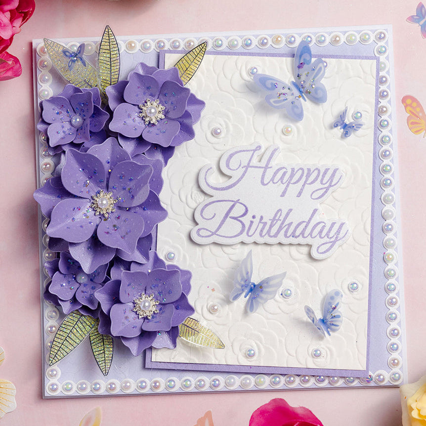 Chloe's Creative Cards Majestic Flower 5x7 Cut and Emboss Folder c-cemb-majfl purple flowers leaves butterflies card