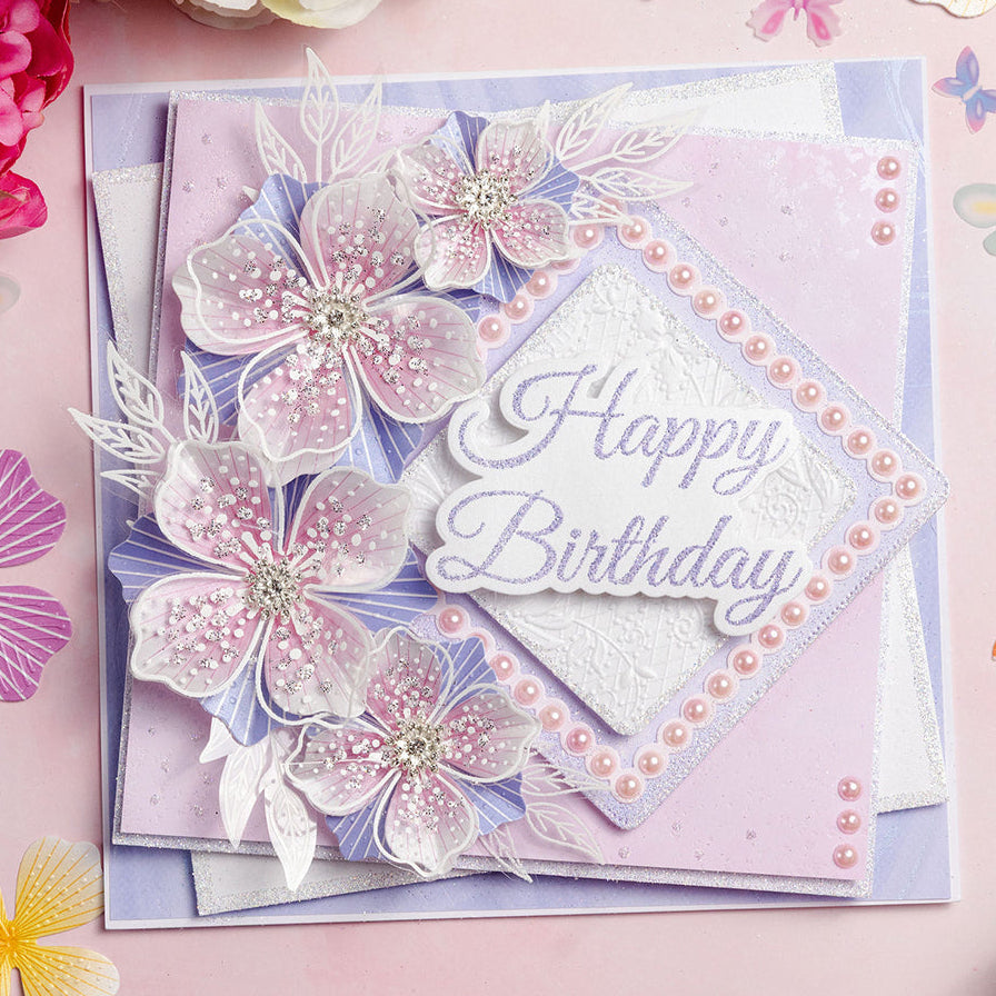 Chloe's Creative Cards Majestic Flower Clear Stamp Set c-stam-majf flowers sparkle pink pearls birthday card